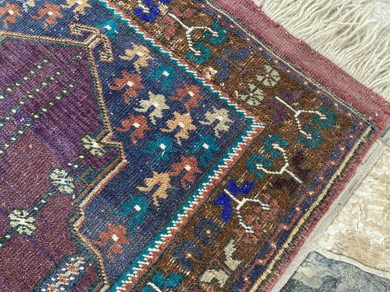 Vintage Turkish Handmade Wool Prayer Rug | Geometric Anatolian Oushak Carpet 2x4 gallery