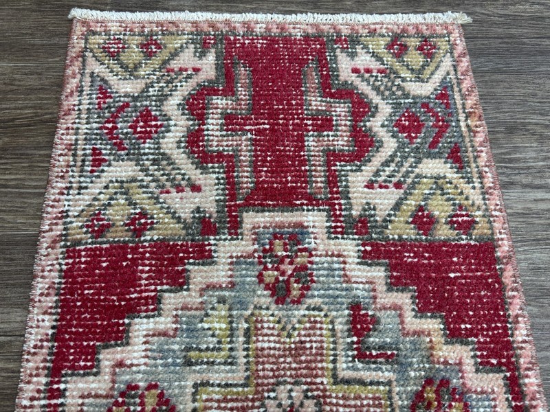 1x3 Vintage Red Tribal Turkish Door mat, Hand-Knotted Wool Rug, Bathroom Rug gallery