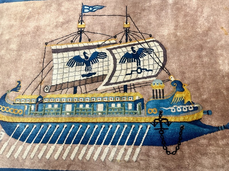 ART DECO CHINESE ORIENTAL RUG BOAT SAILS OARS FLAGS EAGLES 2' 10" x 3' 10" gallery
