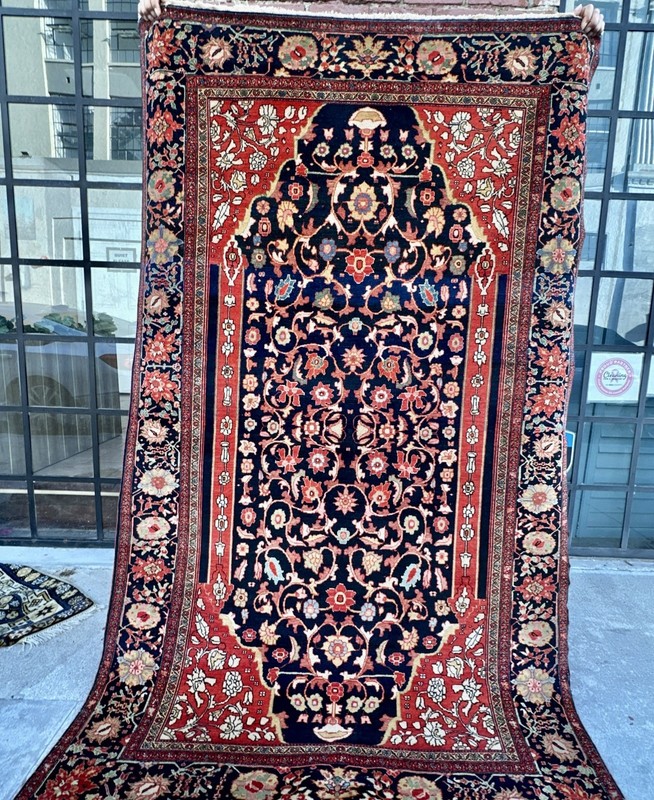 Auth; 19th C Antique Farahaan Rug. RARE Christian Crosses Blue 4x7 gallery