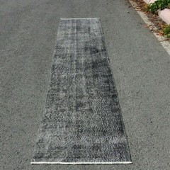 Vintage Gray Runner Rug Anatolian Hand Knotted Oushak Overdyed Carpet 2×10 ft