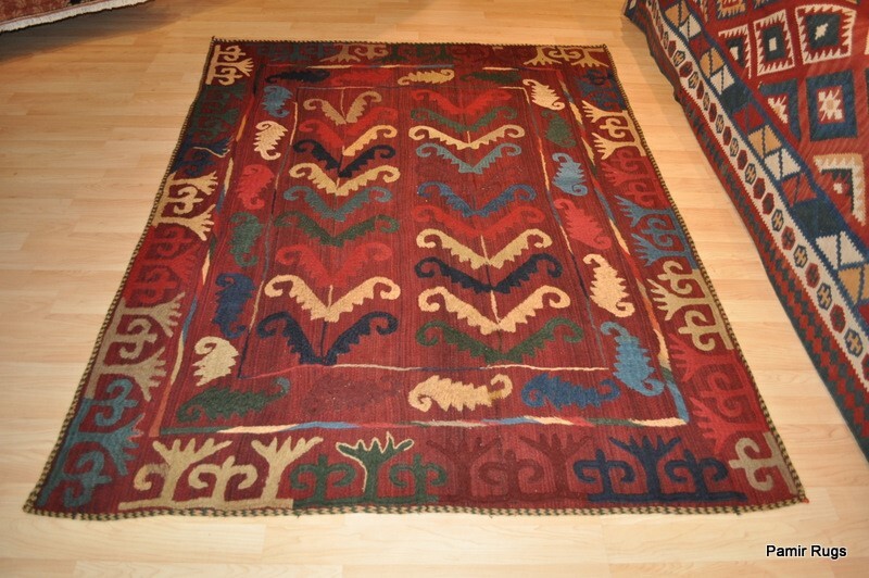 VINTAGE KILIM 5' x 7' wool HAND-WOVEN Tribal hand sewn UZBEK wool area wool rug. gallery