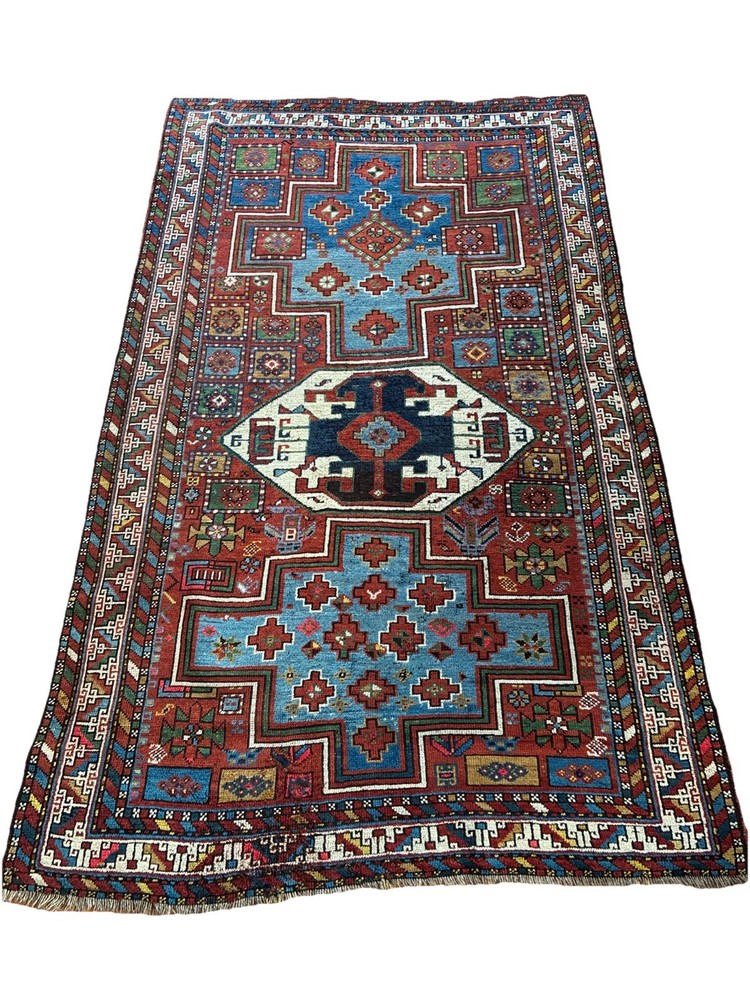 Antique 5 X 7 Kazak Lori Pambok Rug C. 1890 Brick Navy Sky Blue Moss Ivory Brass
