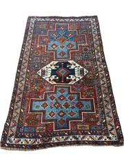 Antique 5 X 7 Kazak Lori Pambok Rug C. 1890 Brick Navy Sky Blue Moss Ivory Brass