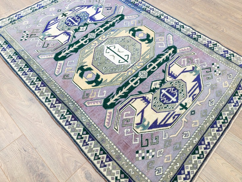 Purple Wool Tribal Oushak Rug 4'8x6'8 ft – Vintage Turkish Geometric Carpet gallery