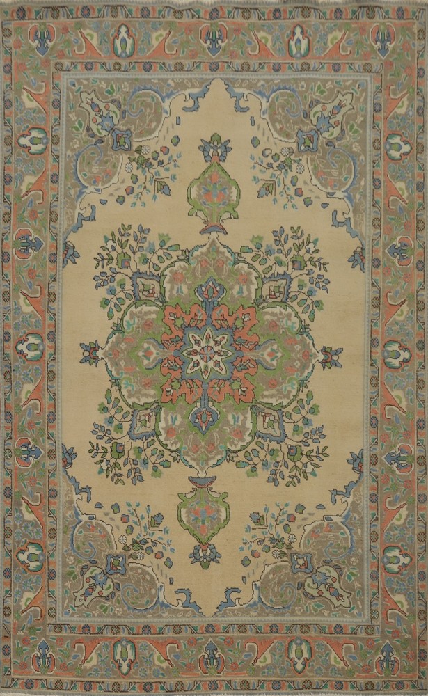 Traditional Wool Beige Living Room Area Rug 7x10 ft Hand-knotted Floral Carpet