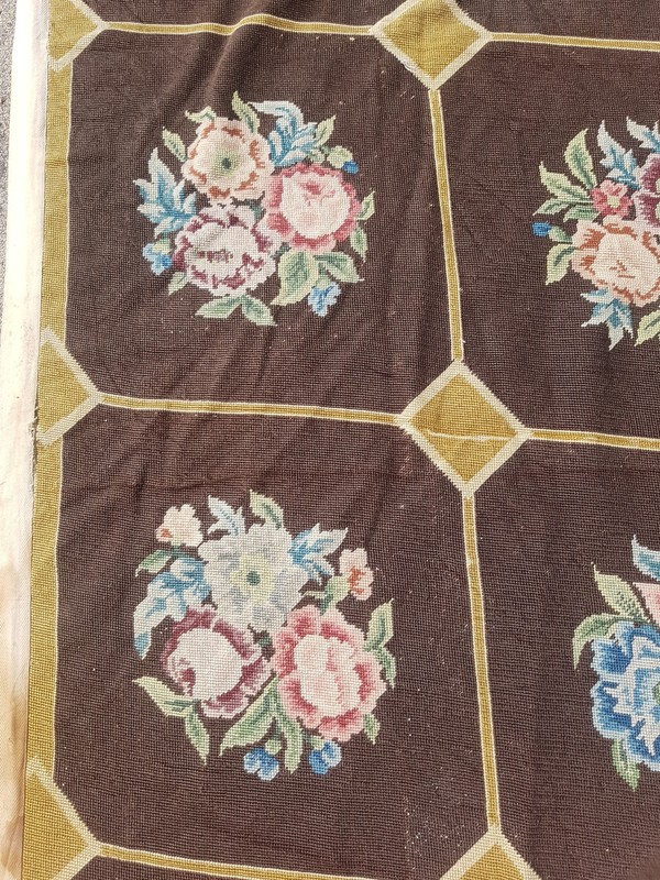 Vintage Handmade French Floral Needlepoint Rug Wool 161x82 cm gallery