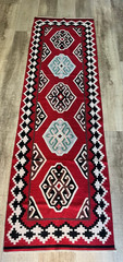 Vintage Handwoven Kilim Rug Runner – Red, Black, and Ivory Geometric Pattern, 98