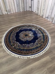 Turkish Silk Look Round Rug 5×5 ft Machine Made Classic Oriental Blue