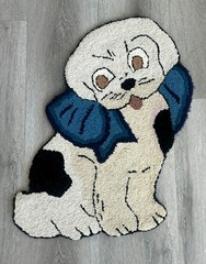 Vintage~Antique~Hand Made~Hand Hooked~Puppy Dog Shaped Rug~With Bow~Rare Find!
