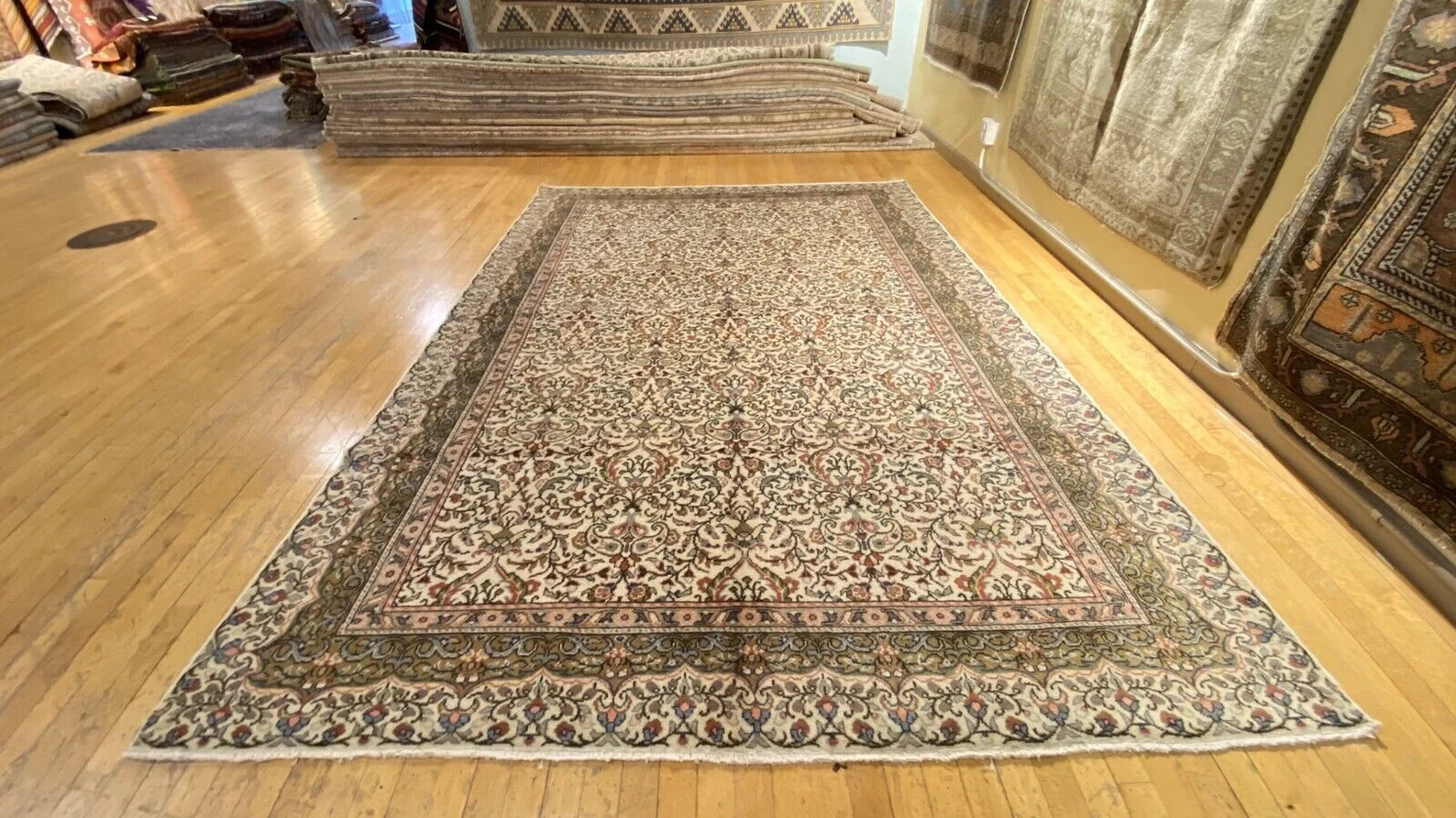 Late 1940's Antique Muted Natural Colors Wool Pile Hereke Area Rug 6’6”x9’5” gallery