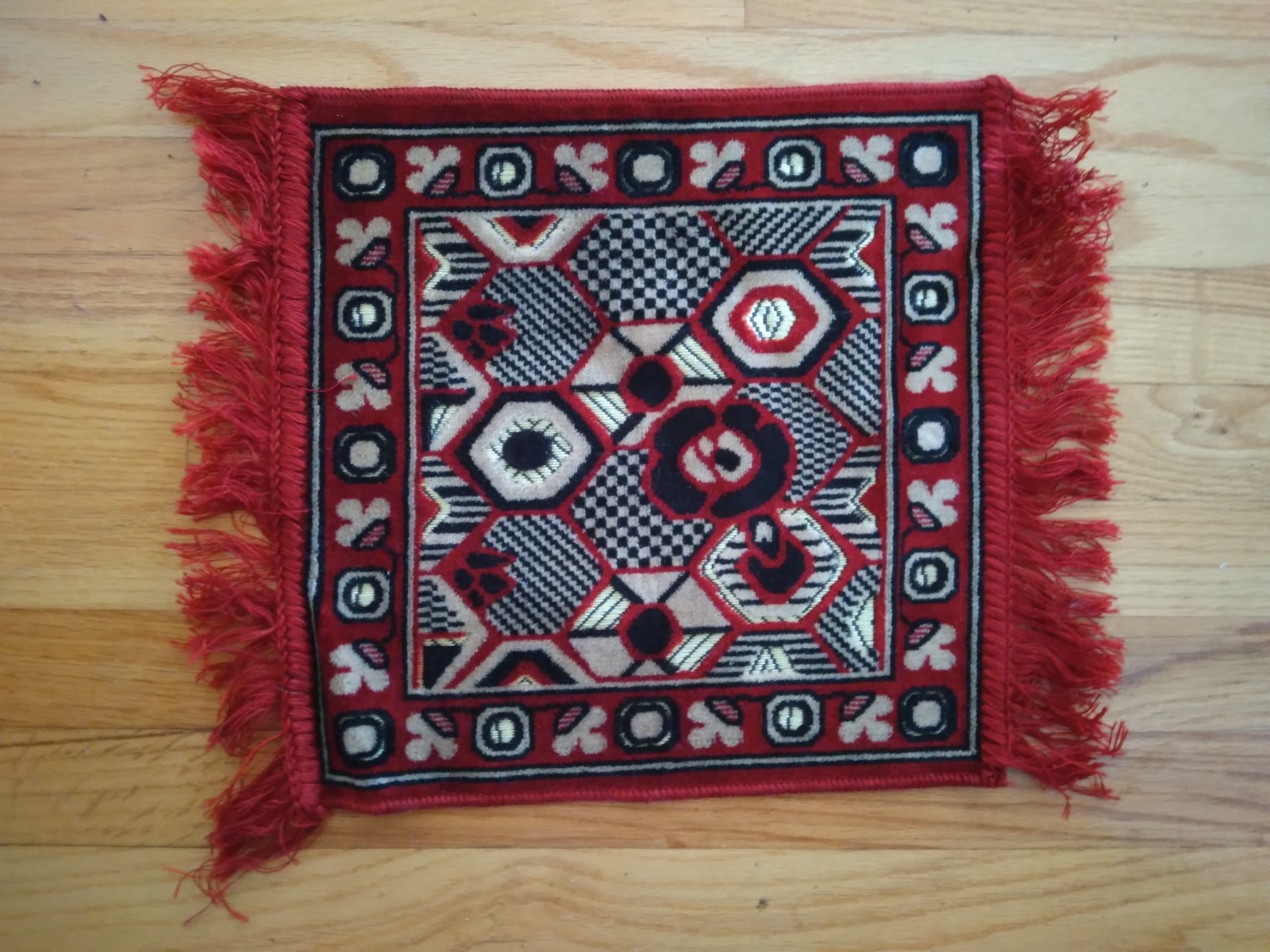 Turkish Rug, great shape, red with other colors, 14 x 13.5 in., woven, vintage gallery