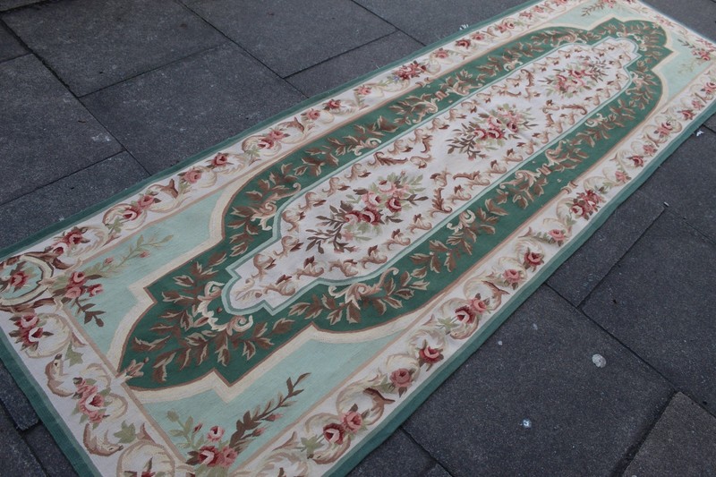 Vintage Hand Made French Design Wool Green Original Aubusson Runner 310X95cm gallery