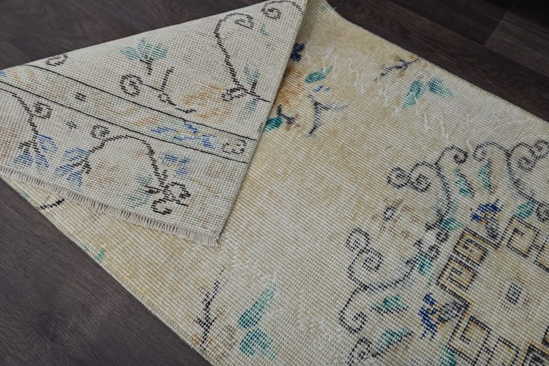 Vintage Turkish Runner Rug 2x6ft BEIGE Handmade Anatolian Oushak Hallway Wool gallery