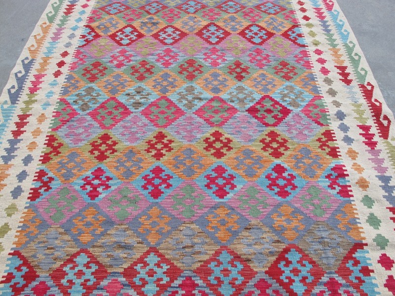 7x9 Afghan Kilim Rug Pink Handwoven Wool Maimana Rug Colorful Boho Area Carpet gallery