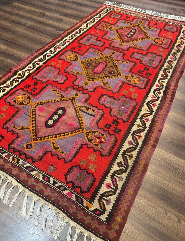 Per'sian Kurdish Zarand Kilim Rug 5x9 Red Geometric Medallions Wide Runner gallery