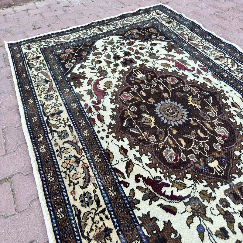 5x7 Vintage Turkish Oushak Wool Area Rug With Brown Ivory Floral - Tariff Free gallery
