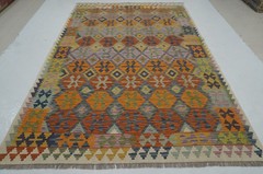 7×10 ft Gray Afghan Hand Woven Wool Reversible Kilim Rug 6’9″x9’8″