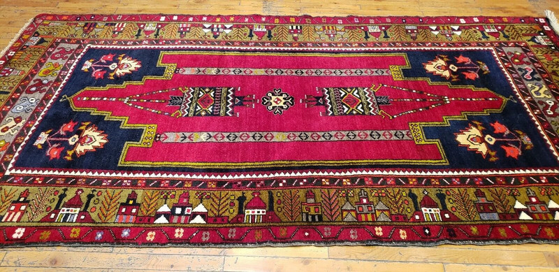 Rare Antique Cr1900-1939s Wool Pile Natural Dye Area Rug Folk-Art 4'5" x 8'9" gallery