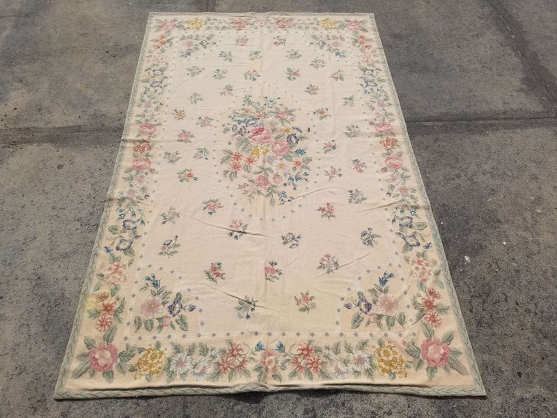 Vintage French Needle Point Handmade Floral Beige Wool Rug Carpet 263x164cm gallery