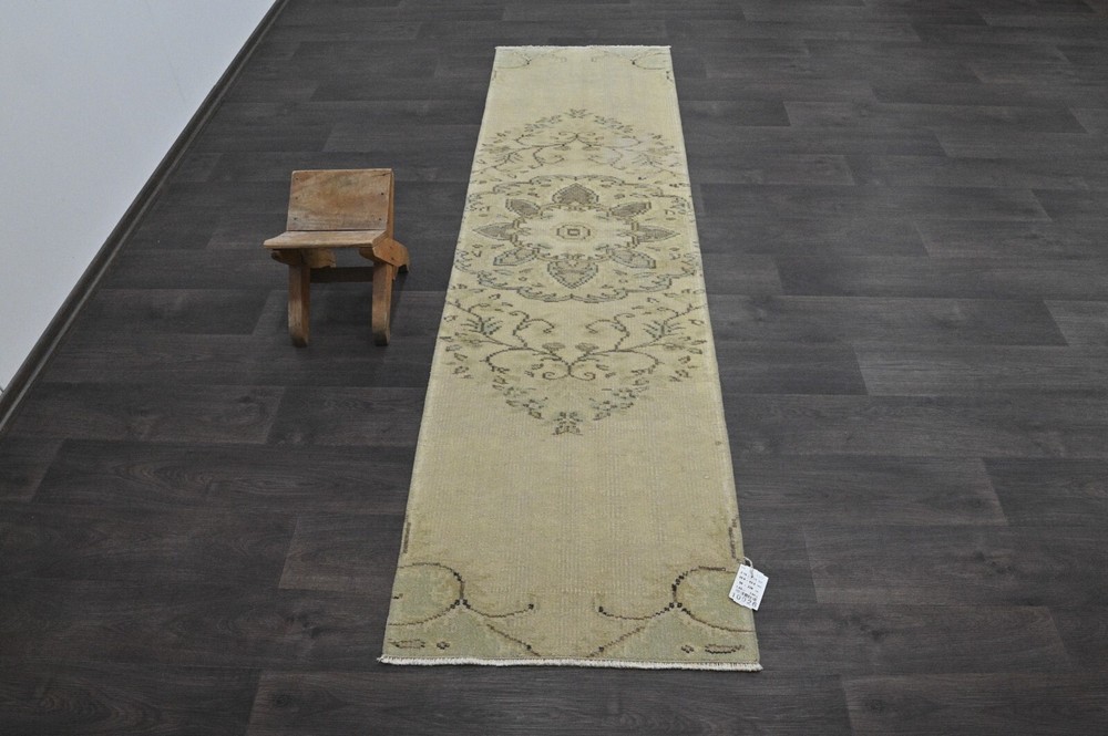 Vintage Turkish Runner Rug 2x7ft Wool Anatolian Handmade Hallway Oushak BEIGE