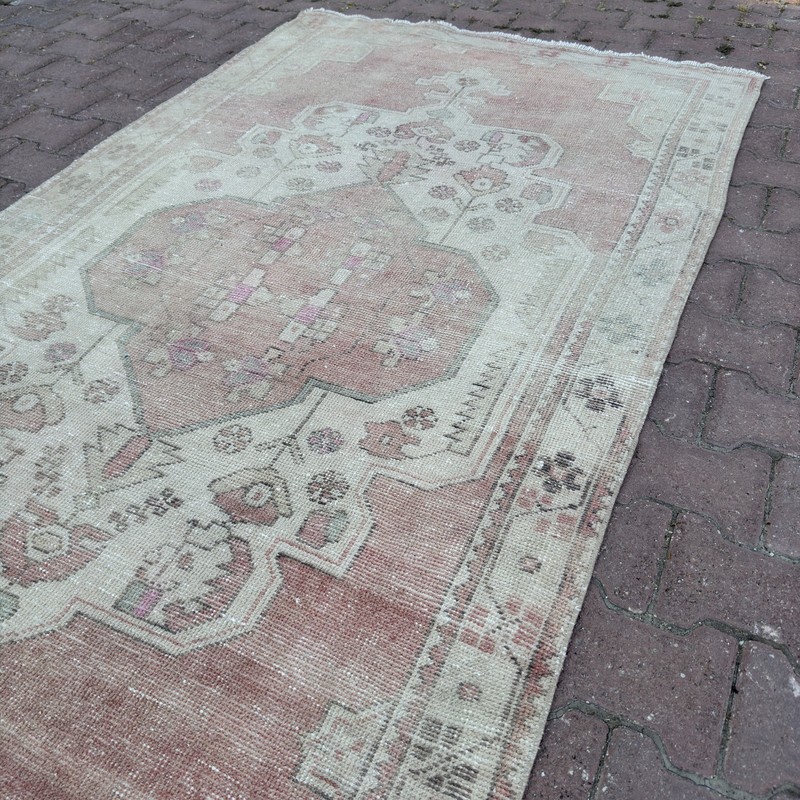 4x8 Faded Blush Wool Vintage Turkish Handmade Living Room Area Rug - Tariff Free gallery