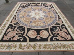 Vintage Hand Made French Design Wool Black Large Original Aubusson 365X271cm