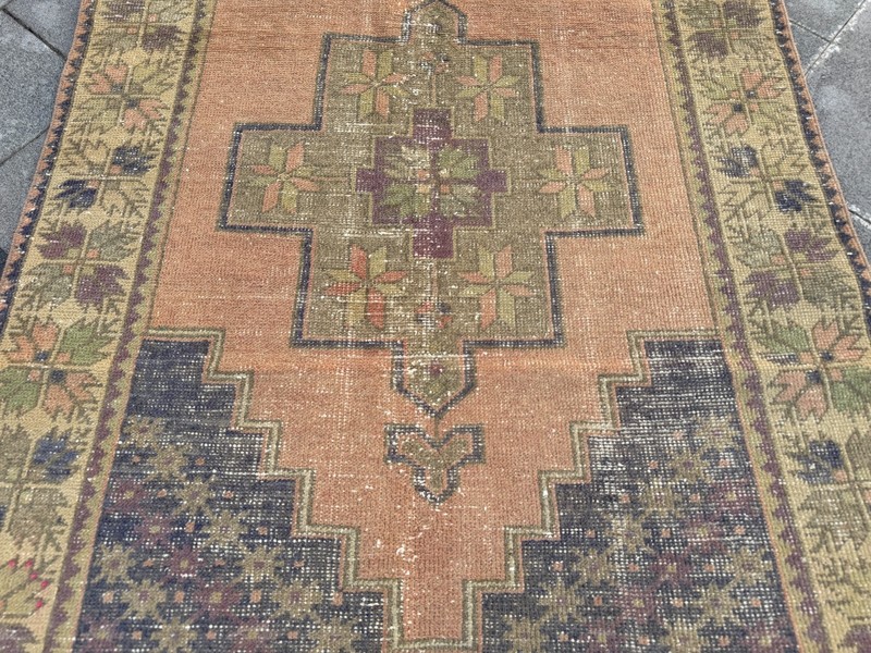 Handmade Oushak Rug 4.5x8.6 Ft Peach Blue Vintage Turkish Wool Area Carpet gallery