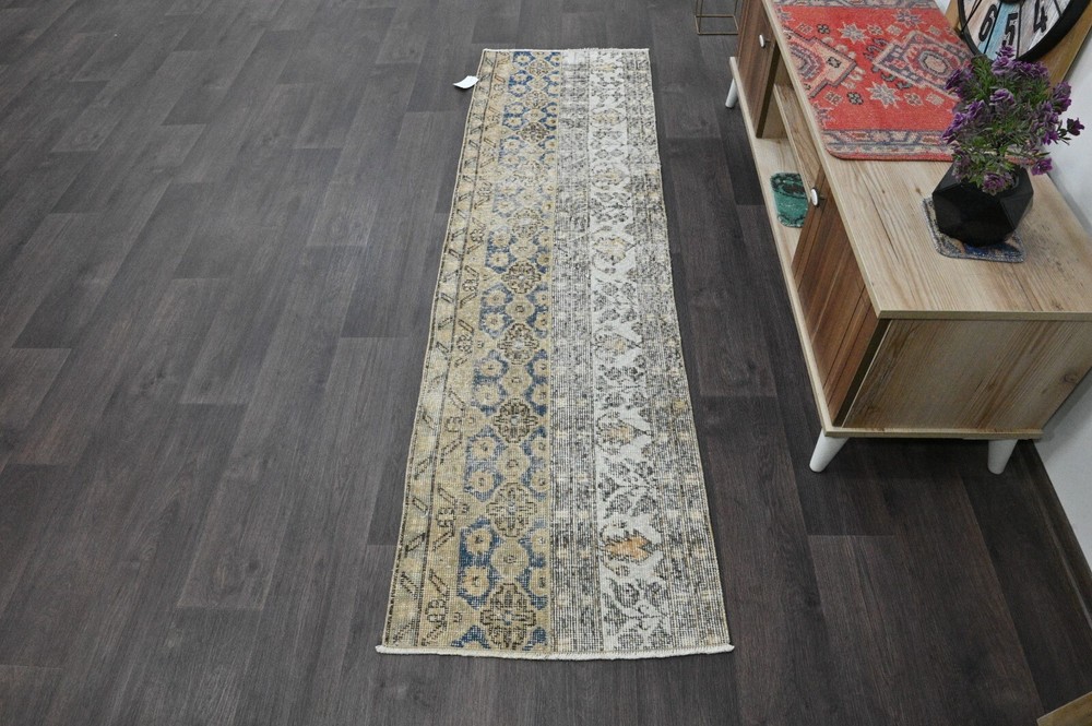 Vintage Turkish Runner Rug 2x7ft BEIGE Handmade Anatolian Oushak Hallway Wool