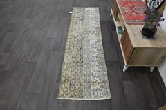 Vintage Turkish Runner Rug 2x7ft BEIGE Handmade Anatolian Oushak Hallway Wool