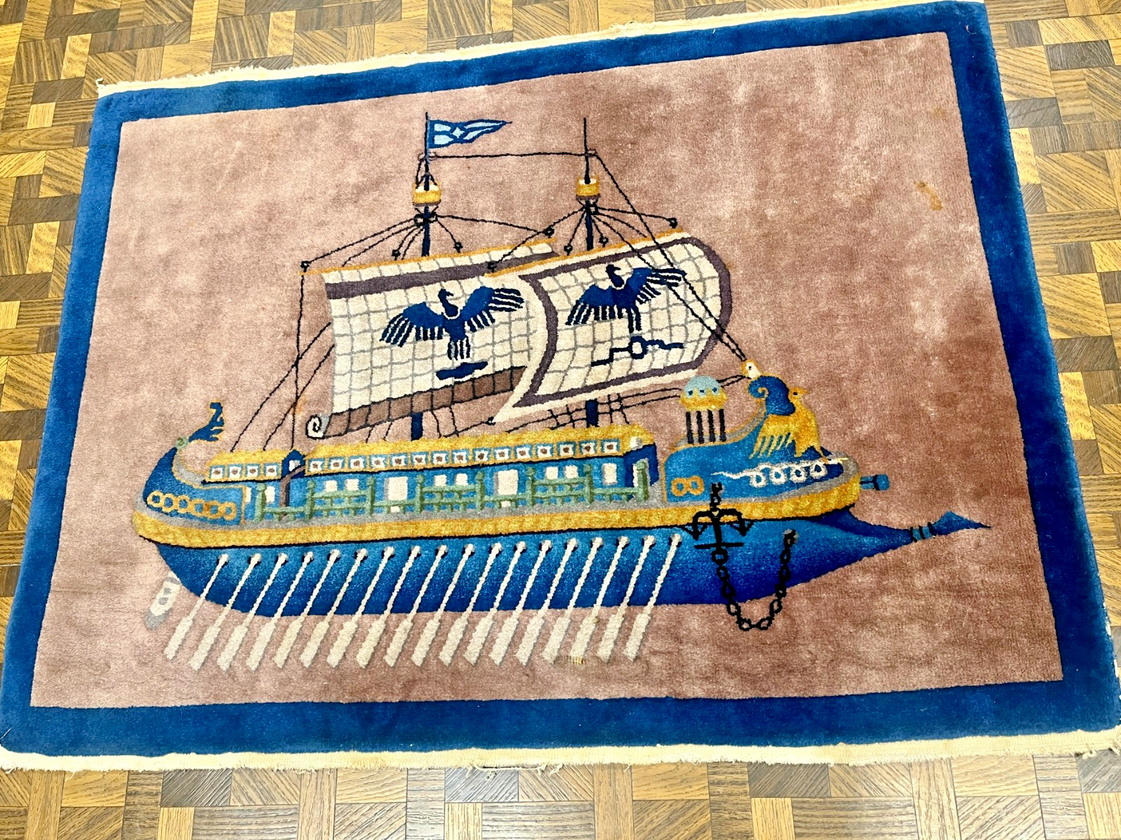 ART DECO CHINESE ORIENTAL RUG BOAT SAILS OARS FLAGS EAGLES 2' 10" x 3' 10" gallery