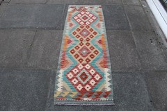 Kilim Vintage Traditional Hand Made Oriental Blue Wool Short Runner 148x52cm