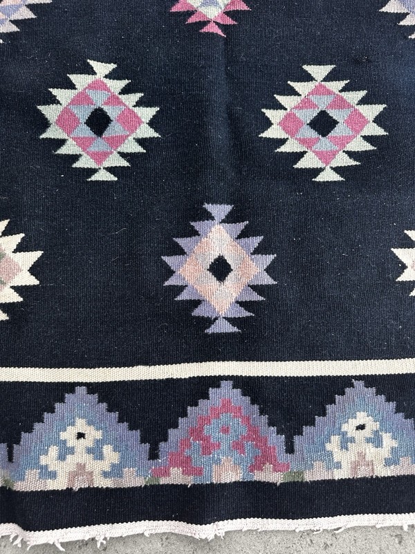 Vintage Wool Dhurrie Rug Handwoven Geometric Patterns Purple On Black “AS IS” gallery