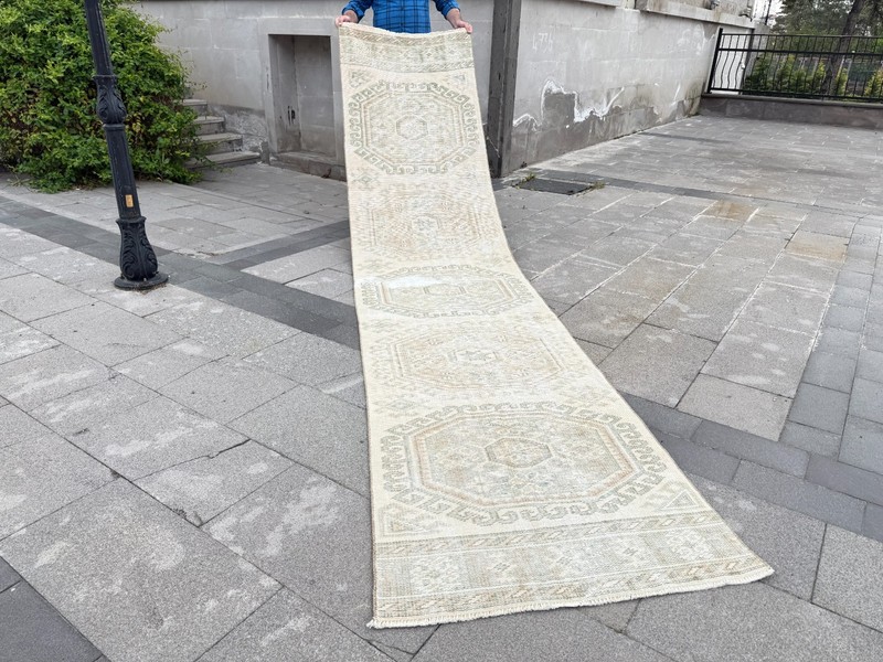 Vintage Turkish Oushak Runner Rug 2.7x12.4 ft Ivory Beige Hallway Wool gallery