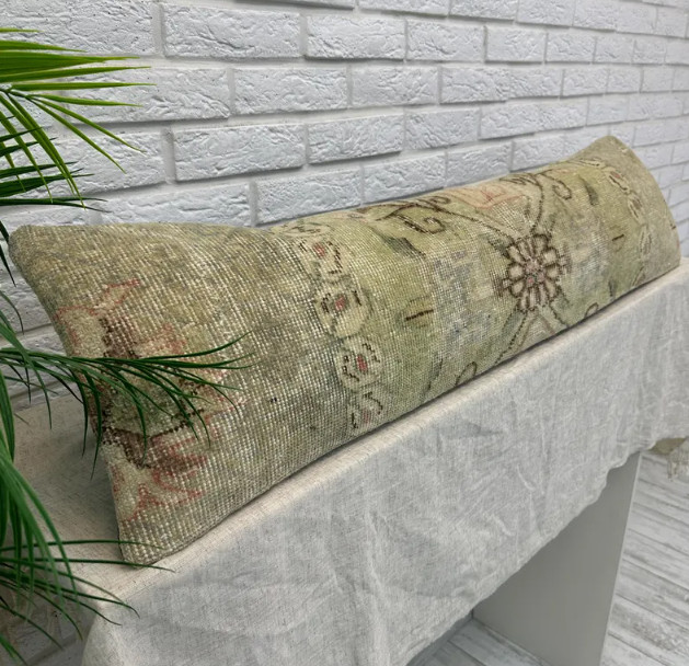 Vintage Turkish Floral Pillow Cover 12x48", Turkish Rug Lumbar Cushion