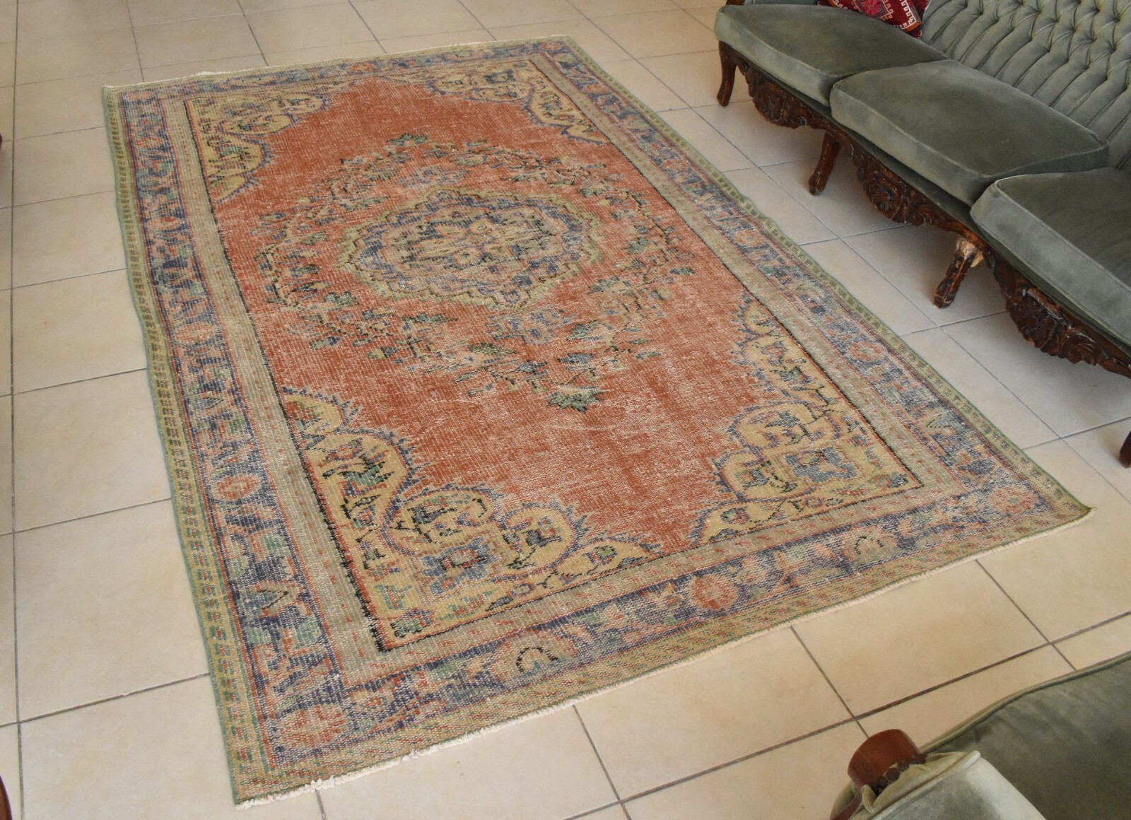 Handmade Area Rug 8.6 x 5.5 ft Distressed Anatolian Vintage Medallion Rug C45 gallery