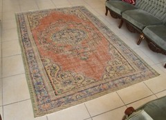 Handmade Area Rug 8.6 x 5.5 ft Distressed Anatolian Vintage Medallion Rug C45