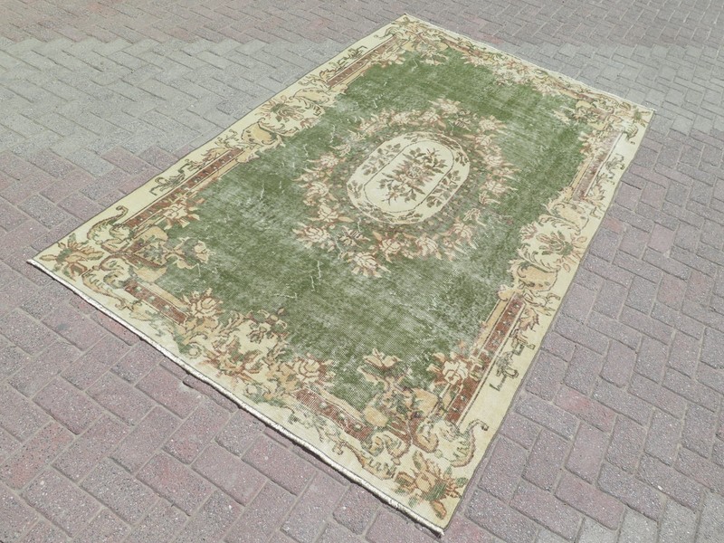 Olive Green Large Vintage Distressed Carpet, Turkish Handwoven Rug 66"x110" gallery