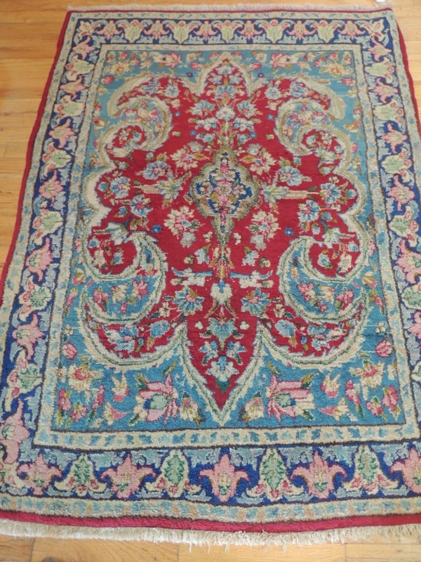 Antique 4x6 Kermaan Oriental Area Rug Red Blue fleur de lis design wool plush gallery