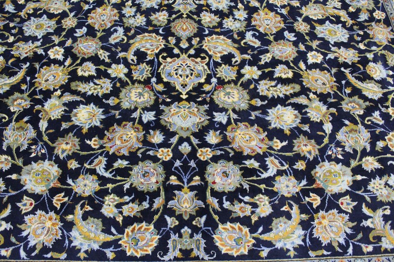 Large Fine Keshan Rug 405x302cm Hand Knotted Wool Signed Blue Floral Medallion gallery
