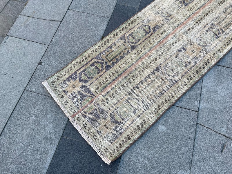 Vintage Turkish Oushak Runner Rug 1.8x11.4 ft Hand-Knotted Beige Indigo Wool gallery
