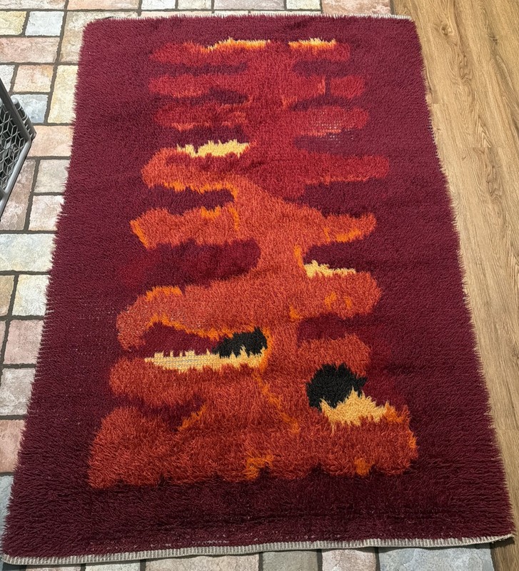 Vintage LARGE Hand Knotted Mid Century Swedish Rya Shag Rug Carpet 79”x52” gallery