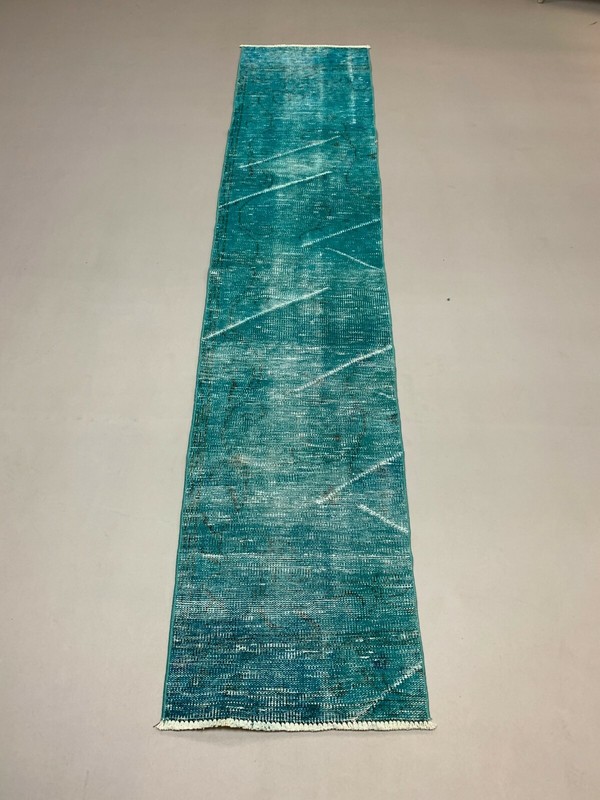 Distressed Turkish Narrow Runner 255x55 cm wool Vintage rug, Overdyed Blue gallery