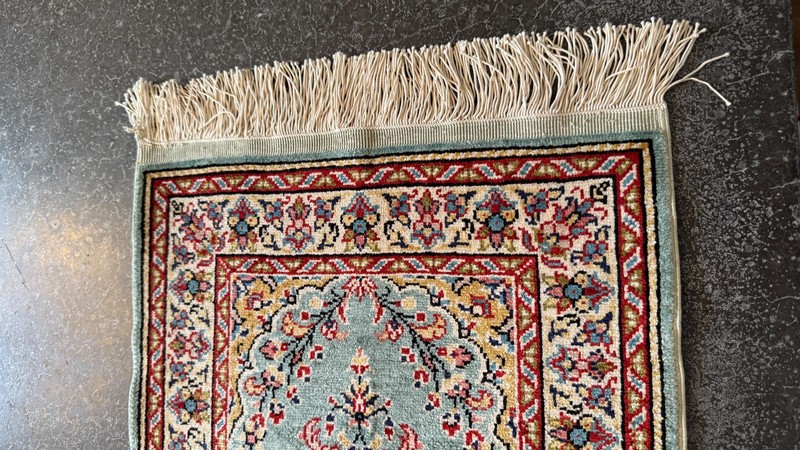 Vintage Turkish Herekeh Silk Rug 25" X 14" SMALL prayer turquoise red oriental gallery