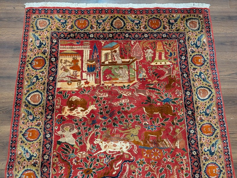 Indian Rug 4x6, Fine 380 KPSI, Hunting Scene, Animal Pictorials, Rare gallery