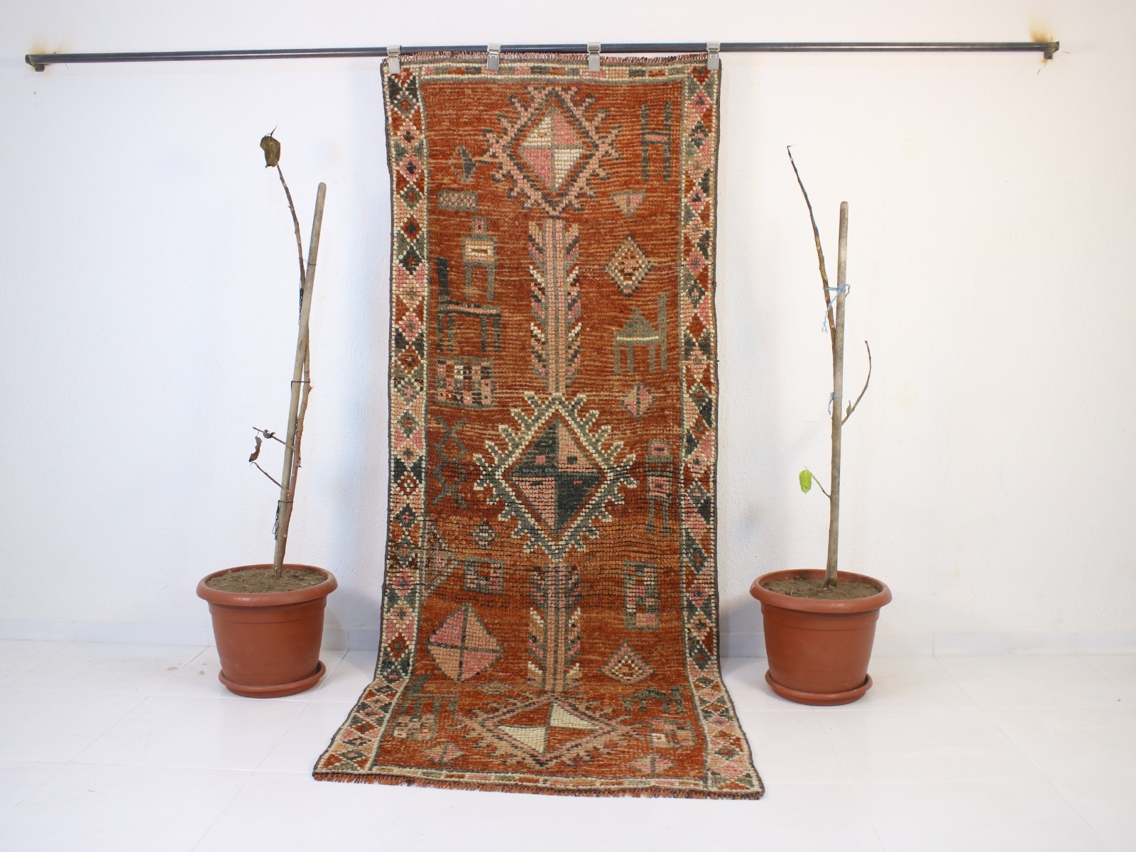 Vintage Hand Knotted Runner Rug Red Rust Tribal Geometric Distressed 3x8 ft gallery