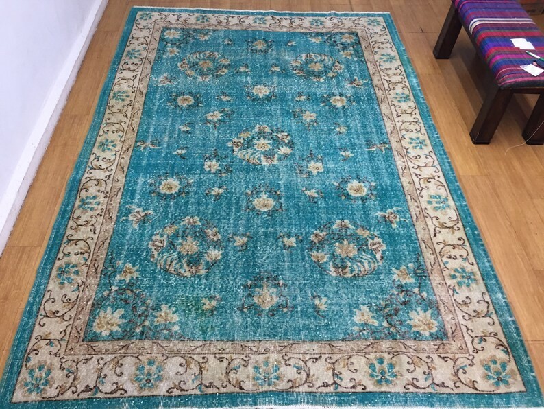 8x6 Ft Vintage Turkish Oushak Rug Handmade Distressed Turquoise Wool Area Rug gallery
