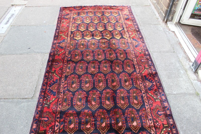 Vintage Hand Made Traditional Oriental Wool Blue Red Long Runner 403x113cm gallery