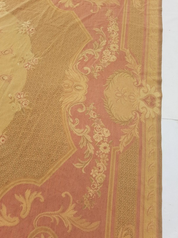 Vintage French Handwoven Floral Pink Beige Wool Rug Carpet 11.1x8.3ft gallery