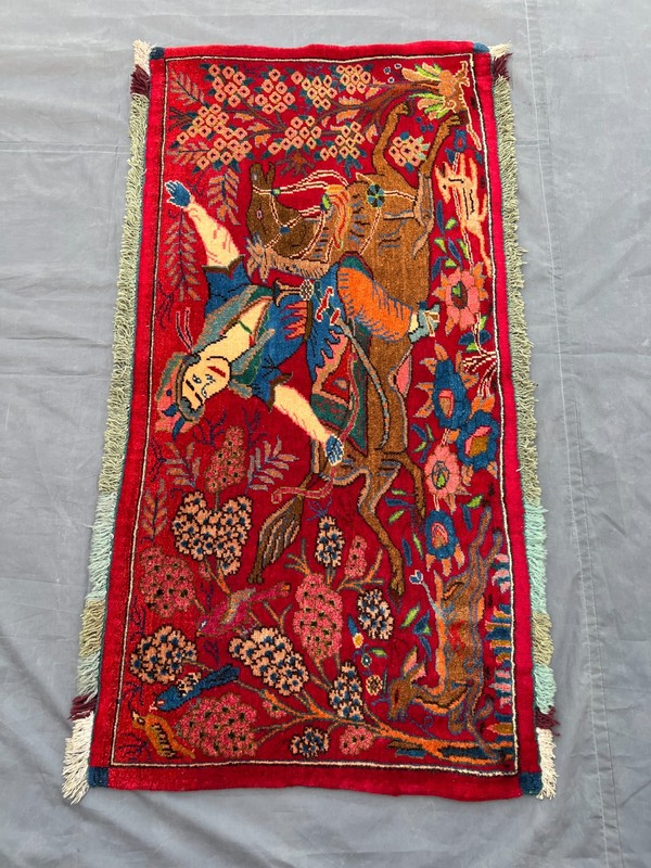 Red Turkish Pictorial Rug 2x4 Hand Knotted Hunting Scene Horse Tribal Boho Wool gallery